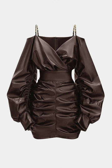 Faux Leather Metallic Chain Crossed Ruched Long Sleeve Mini Dress