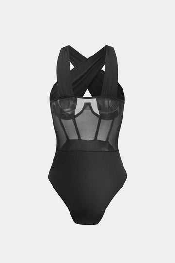 Pure mesh patchwork korset bodysuit