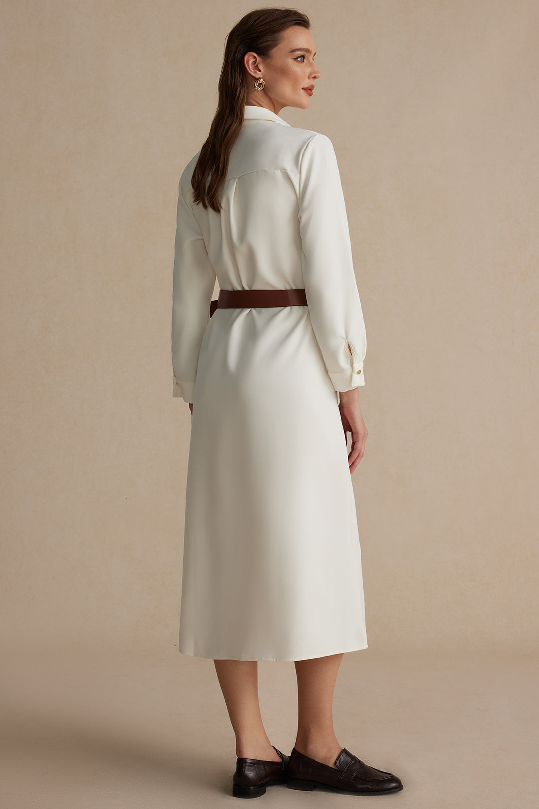 Long Sleeve Collar Belted Midi Dress