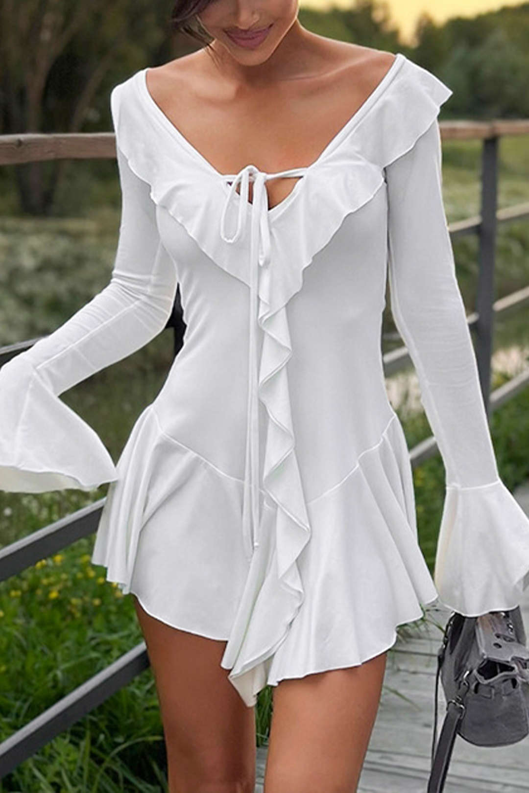 Solid Tie Front Bell Sleeves Ruffle Mini Dress