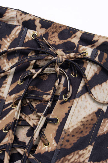 Leopard Print Mock Neck Tie Back Corset Sleeveless Maxi Dress