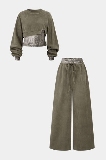 Snake Skin Print Suede Asymmetrical Sweatshirt And Drawstring Wide Leg Pants Set