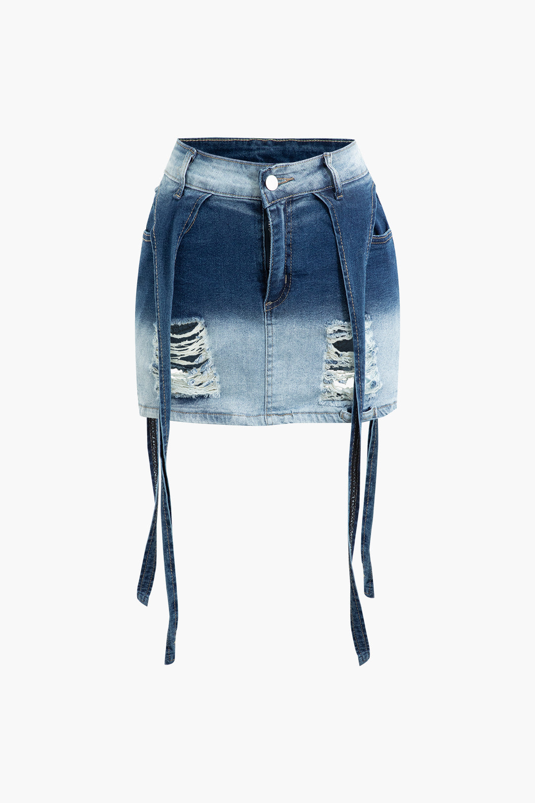 Distressed Ombre Denim Skirt with Ribbons