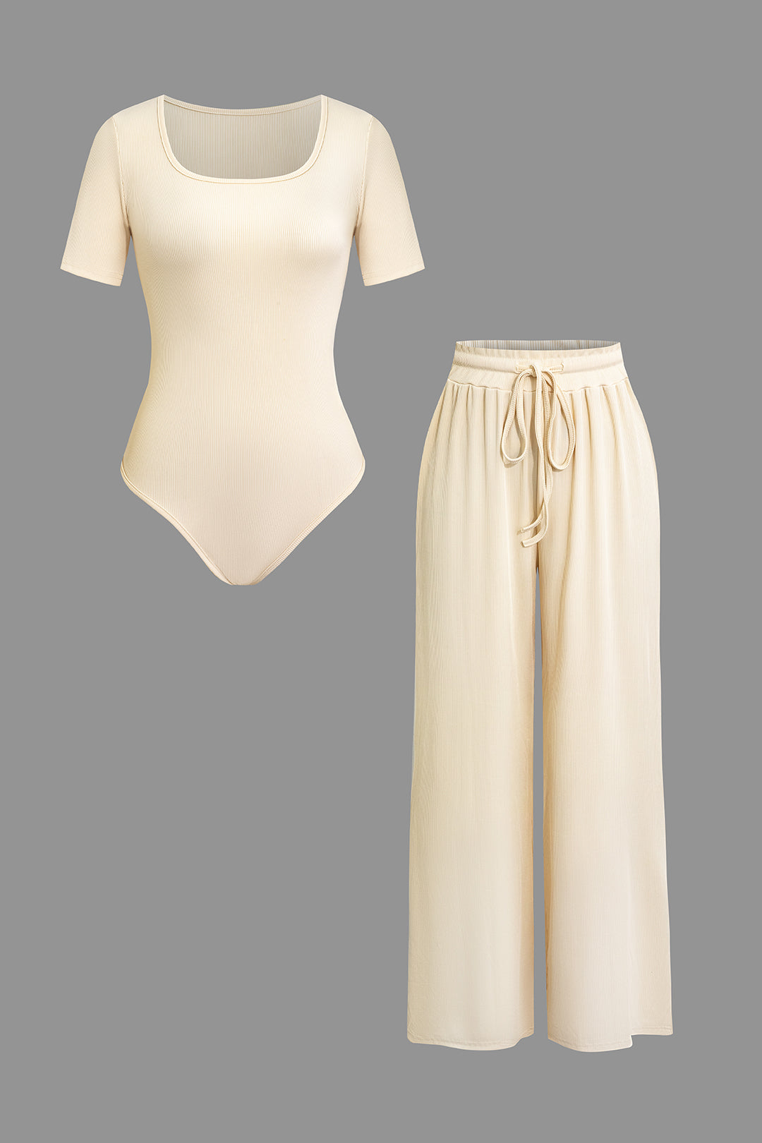 Solid Ribbed Bodysuit And Wide-Leg Pants Set