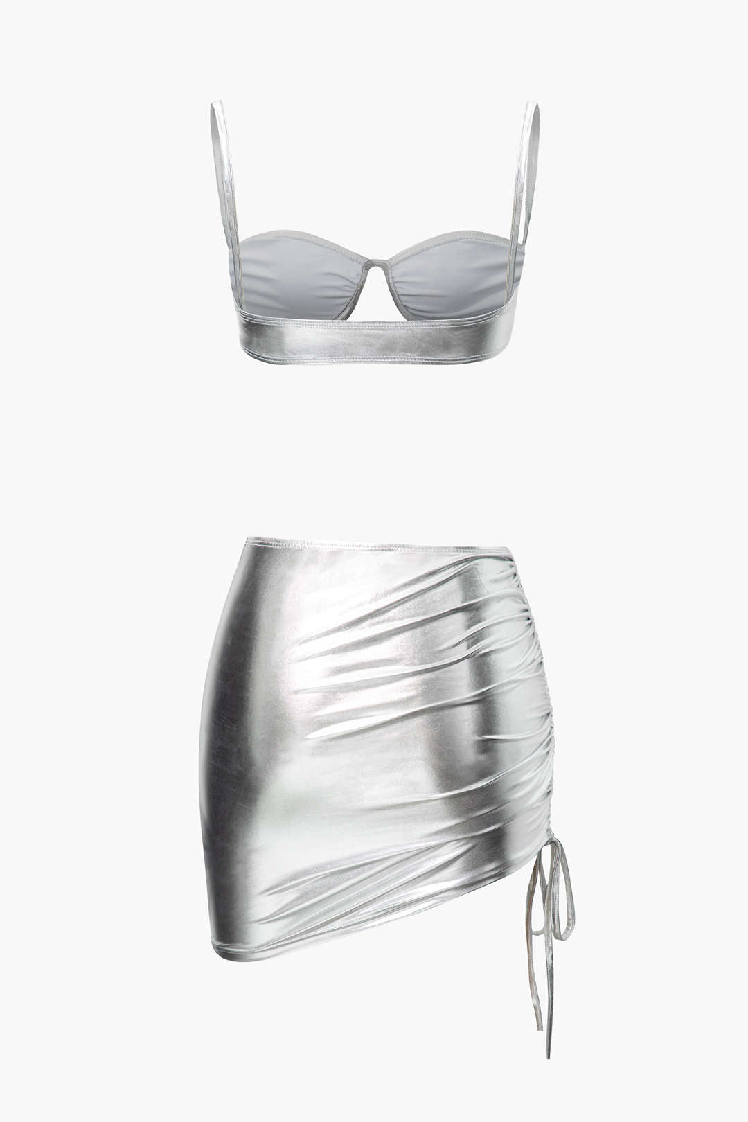 Metallic Bra Top And Asymmetric Drawstring Mini Skirt Set