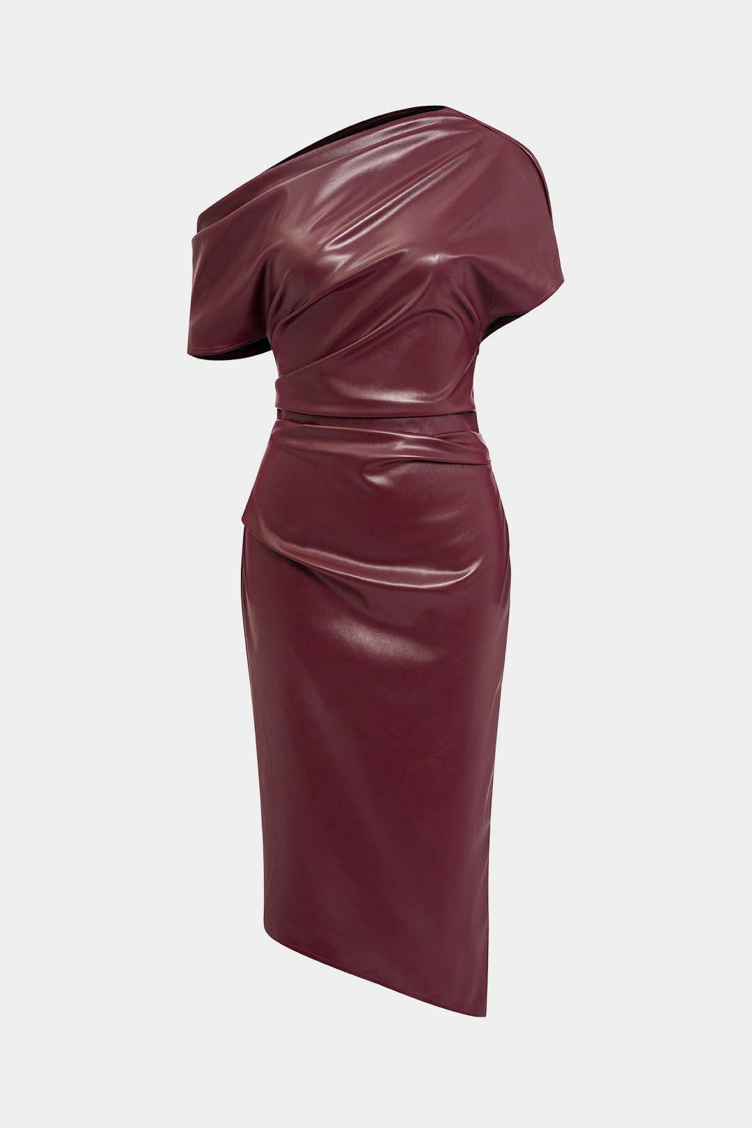 Asymmetrical Shoulder Faux Leather Bodycon Dress