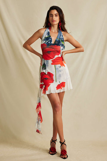 Floral Print Ruffle Backless V-neck Halter Mini Dress