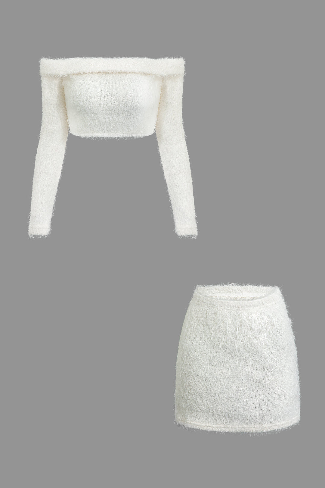 Fluffy Solid Off The Shoulder Crop Top And Mini Skirt Set