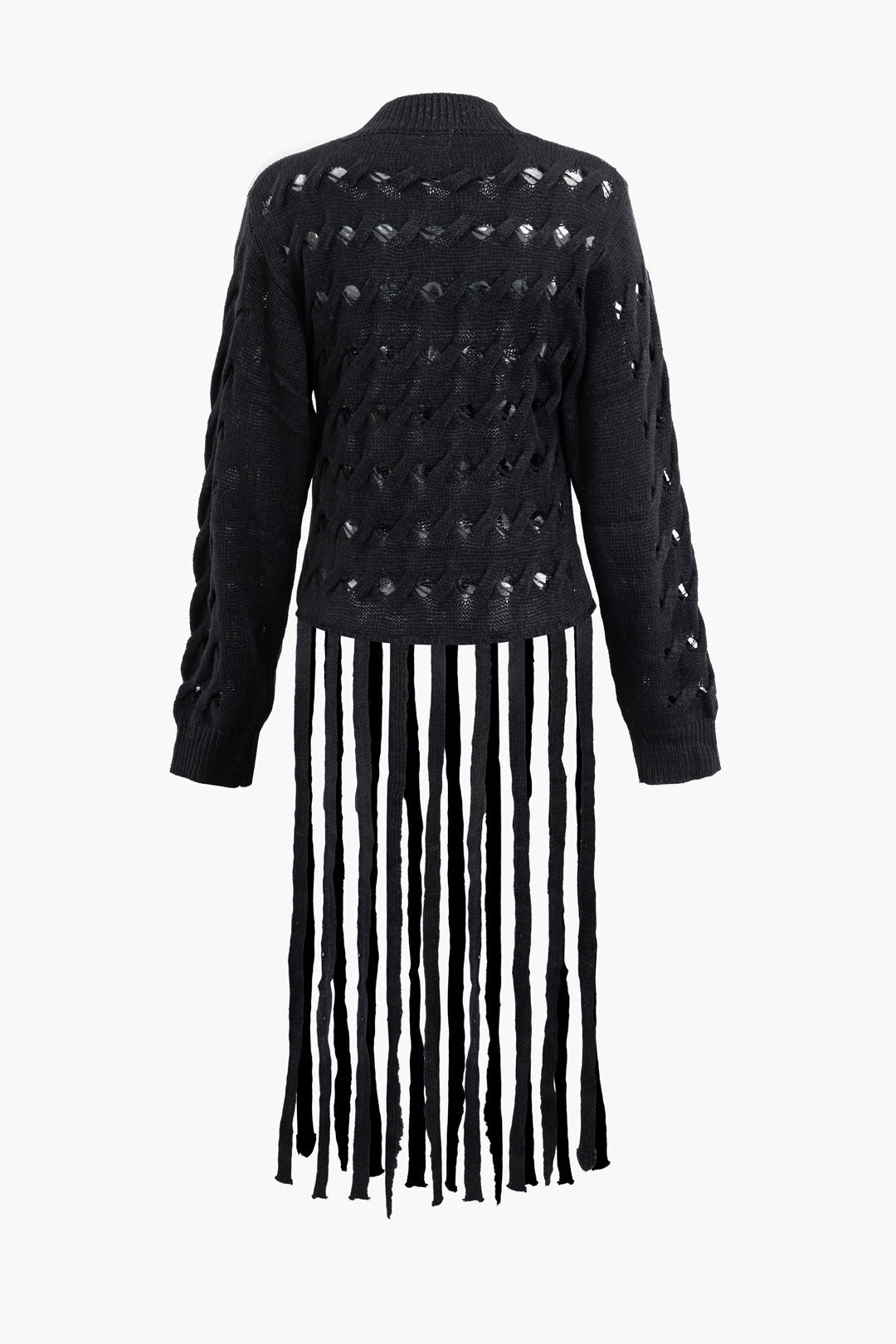Mock Neck Cut Out Braided Texture Fringe Knit Top