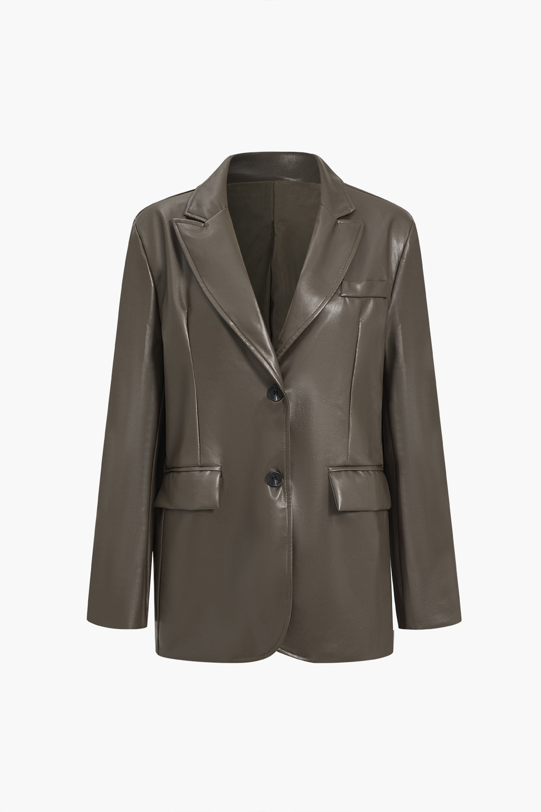 Faux Leather Buttoned Notched Lapel Blazer