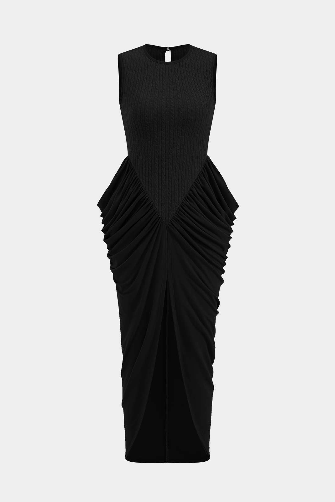 Ruched Sleeveless Round Neck Slit Maxi Dress