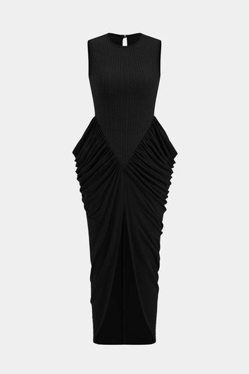 Ruched Sleeveless Round Neck Slit Maxi Dress