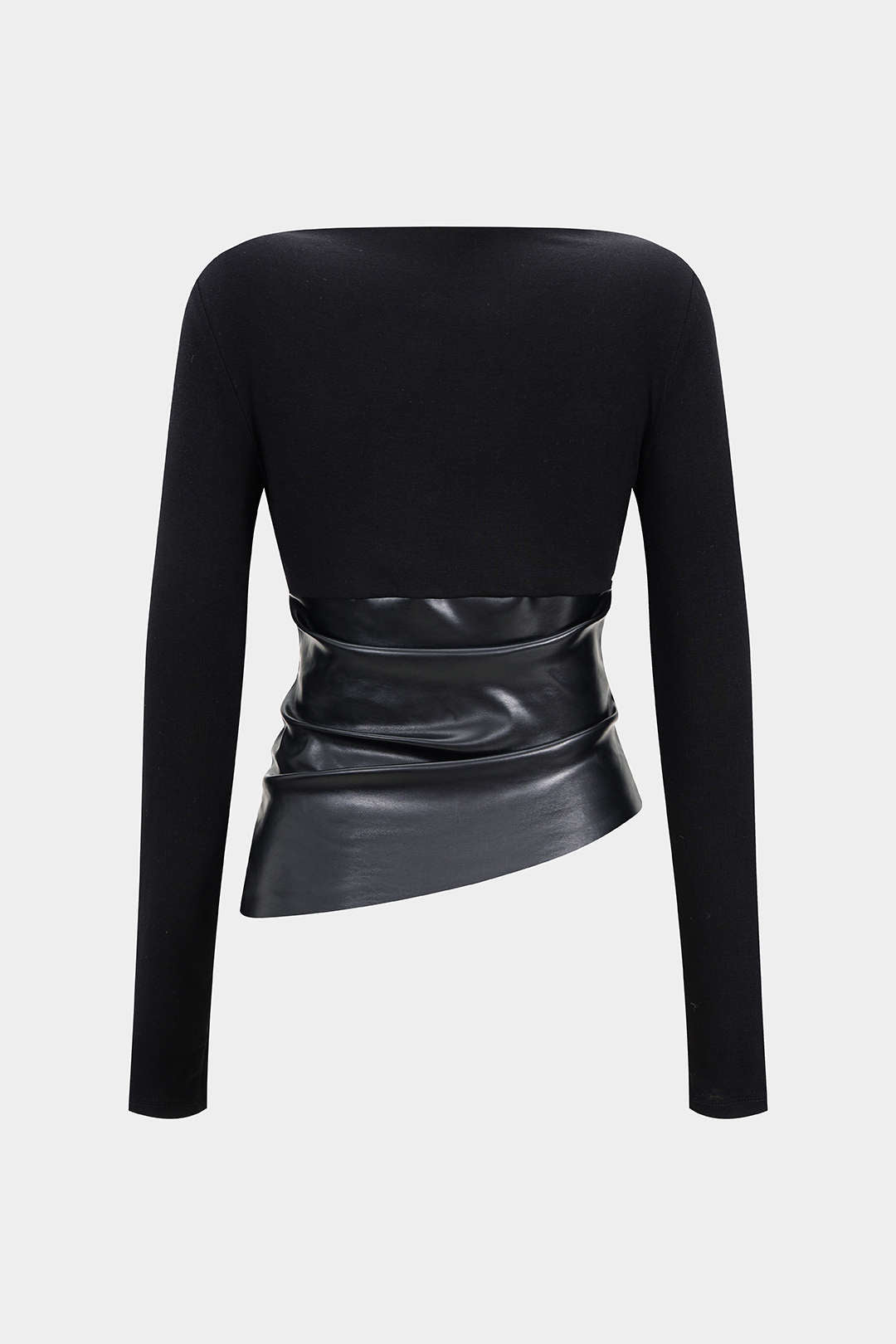 Faux Leather Patchwork Ruched Long-Sleeve Top