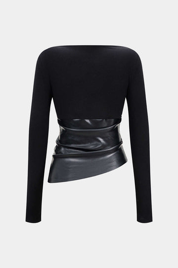 Faux Leather Patchwork Ruched Long-Sleeve Top