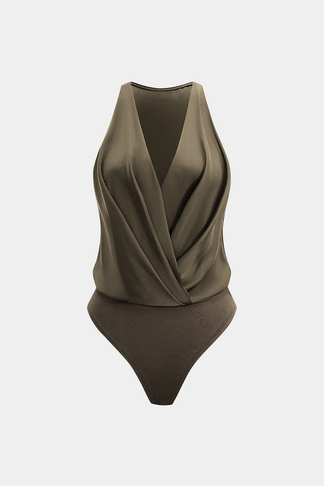 Satin Ruched Crossed Sleeveless Bodysuit