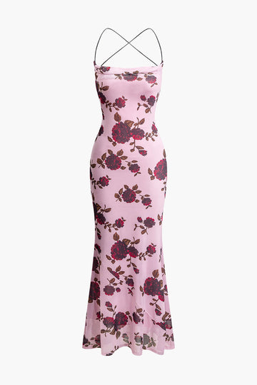 Floral Print Tie Mesh Backless Maxi Dress