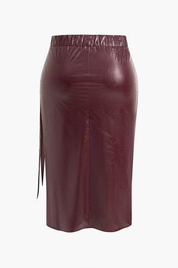 Plus Size Faux Leather Tie Front Button Skirt