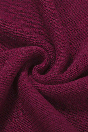 Knit Fringe Trim Deep V-Neck Long Sleeve Dress