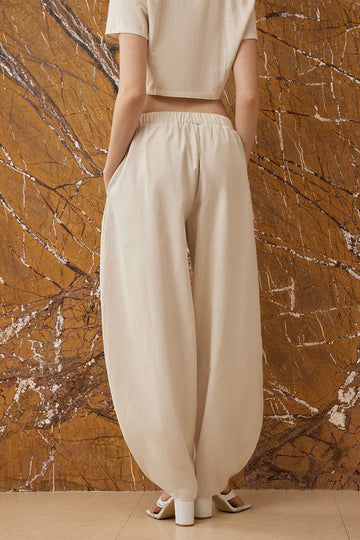 Linen Button Asymmetrical Ruched Barrel Trousers