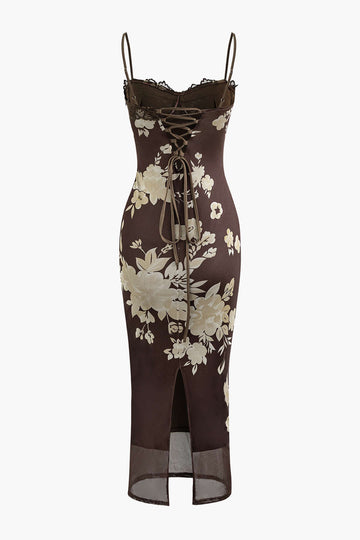 Floral Print Lace Trim Slit Maxi Dress