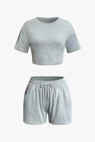Solid Crop T-shirt And Drawstring Shorts Set