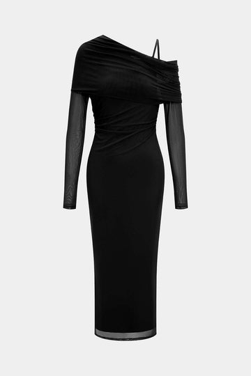 Mesh Asymmetrical Neck Slip Long Sleeve Maxi Dress