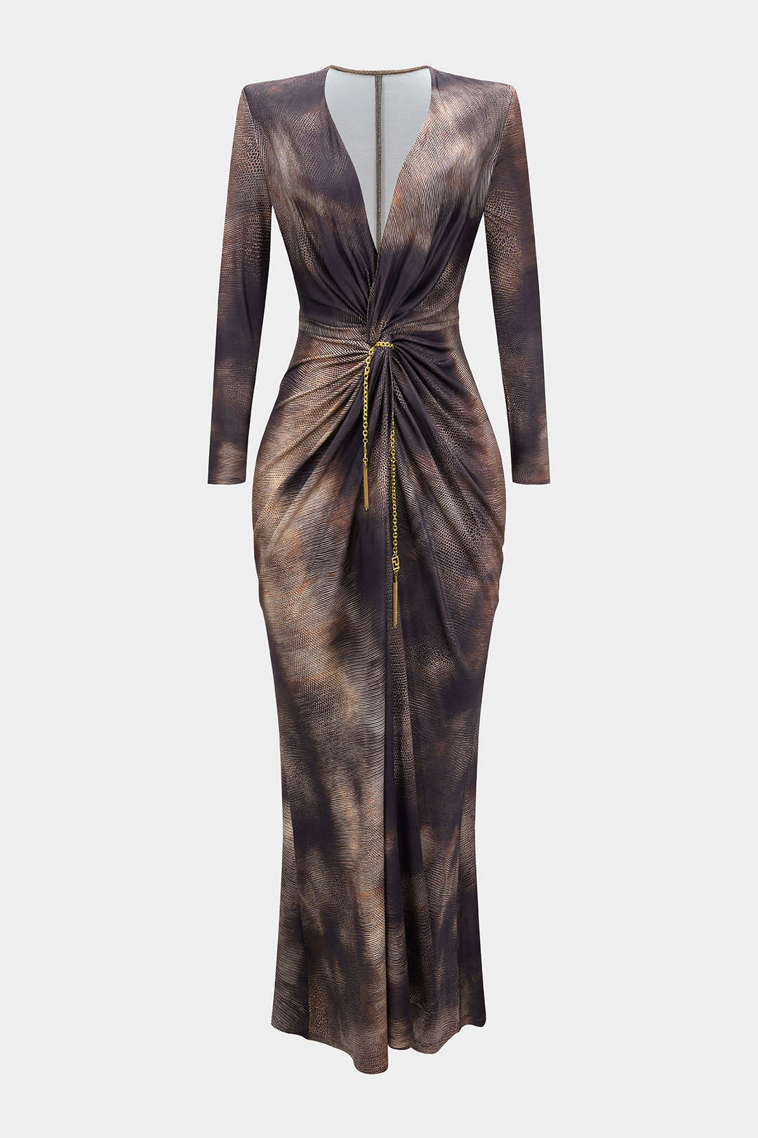 Snake Skin Print Mesh Ruched Fringe Trim V-Neck Long Sleeve Maxi Dress