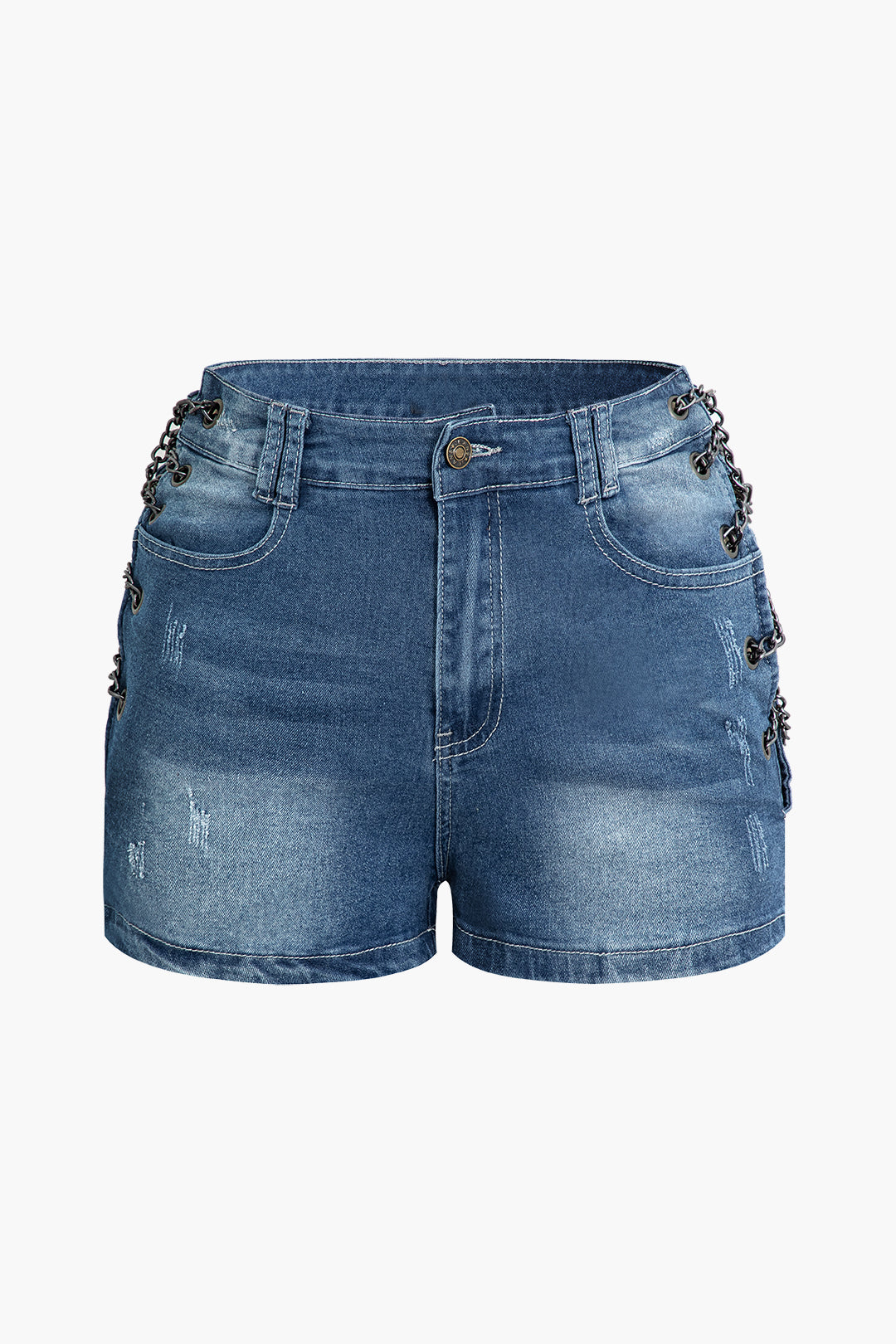 Faded Destroyed Chain Detail Denim Shorts