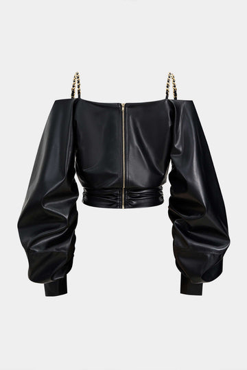 Faux Leather Metallic Crossed Long-Sleeve Shirt