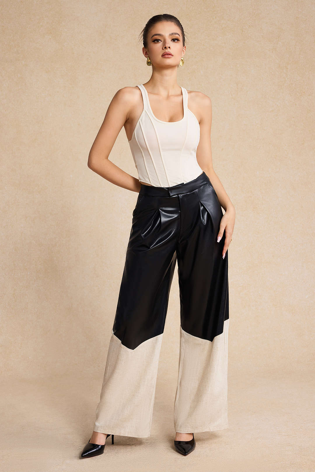 Faux Leather Linen High Waist Patchwork Trousers