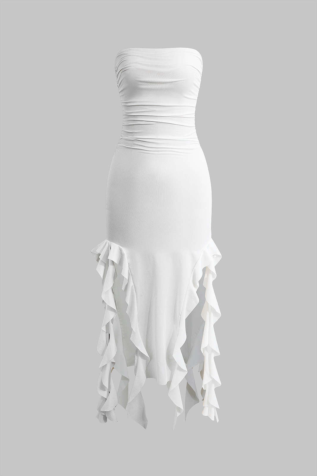 Solid Ruffle Hem Ruched Tube Maxi Dress