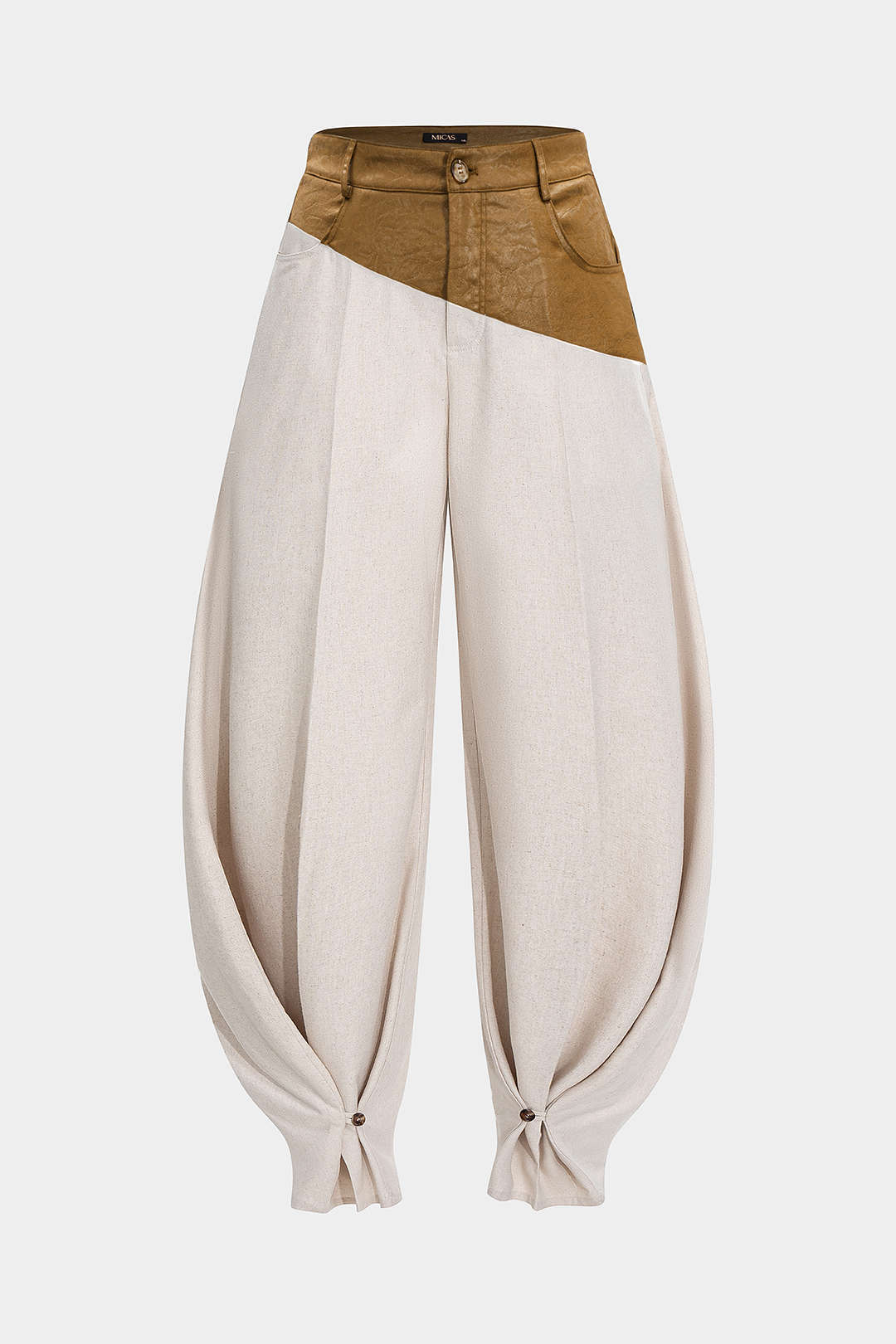 Faux Leather Ruched Patchwork Barrel Trousers