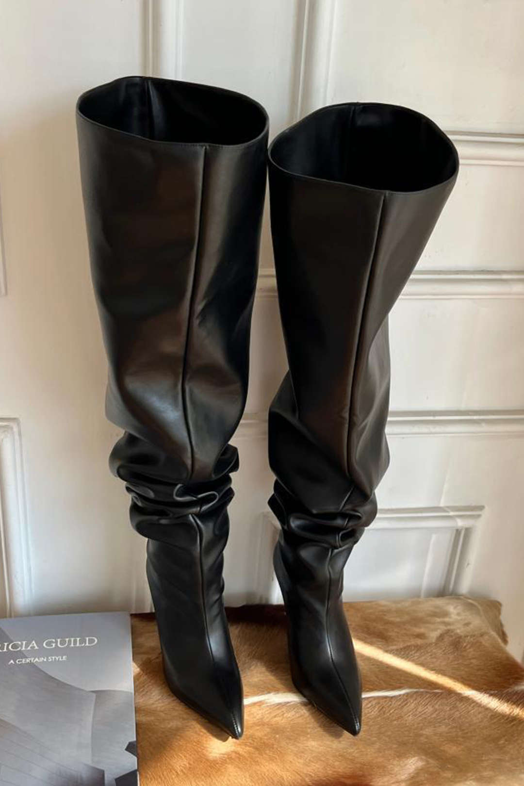 Faux Leather Wide-calf High-heeled Knee-high Boots