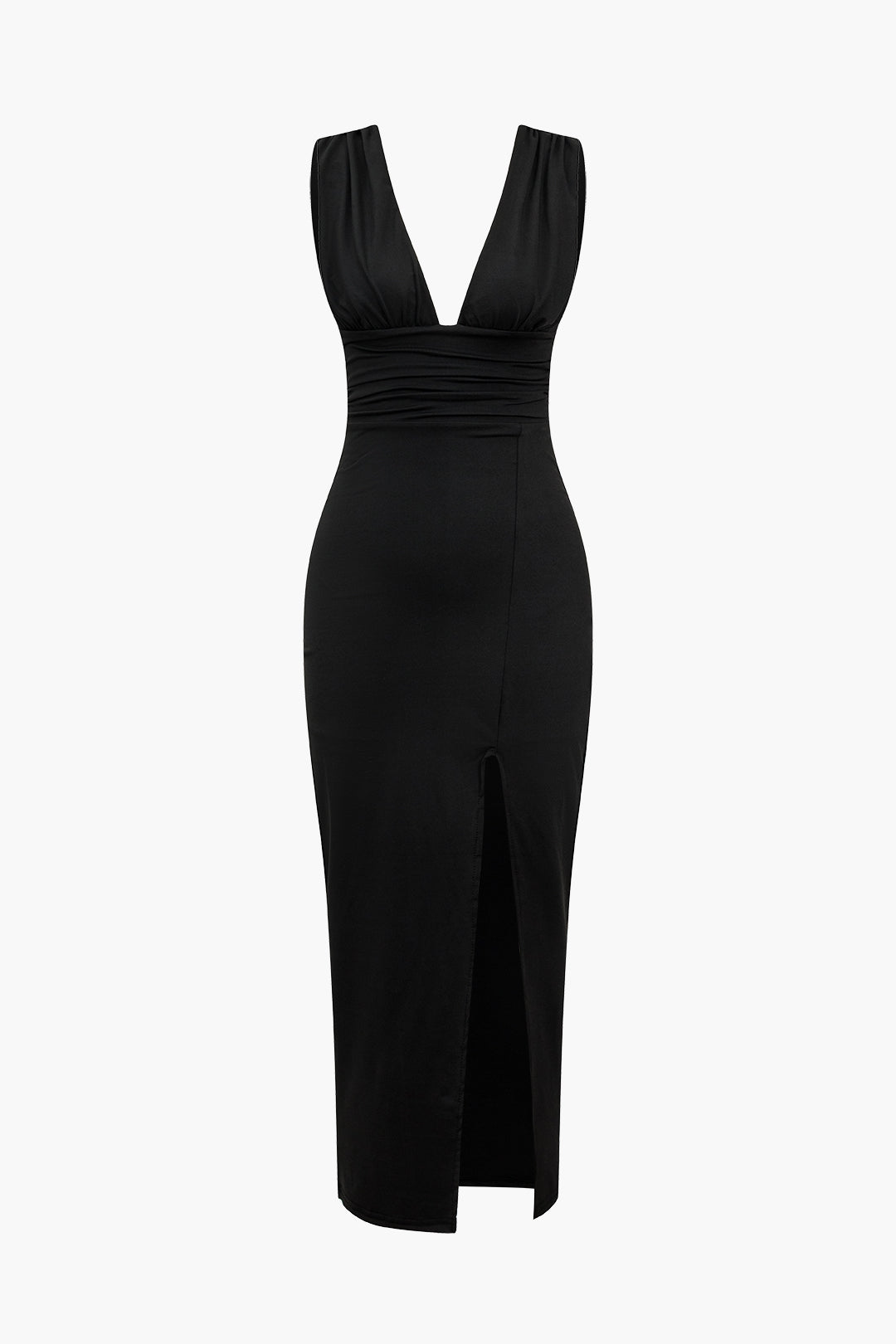 Solidu Backless Ruched Slit Midi Dress