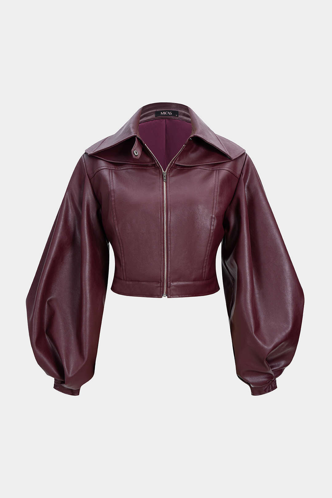 Faux Leather Puff Sleeve Zipper Jacket