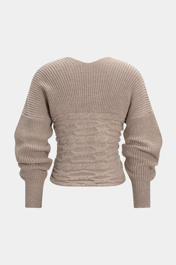 Cable Knit Crossed V-Neck Long-Sleeve Top