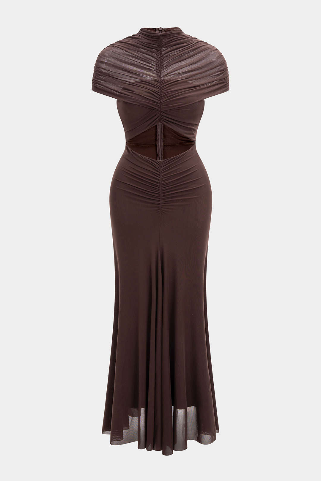Mesh Ruched Cut Out Short Sleeve Maxi Dress  Micas
