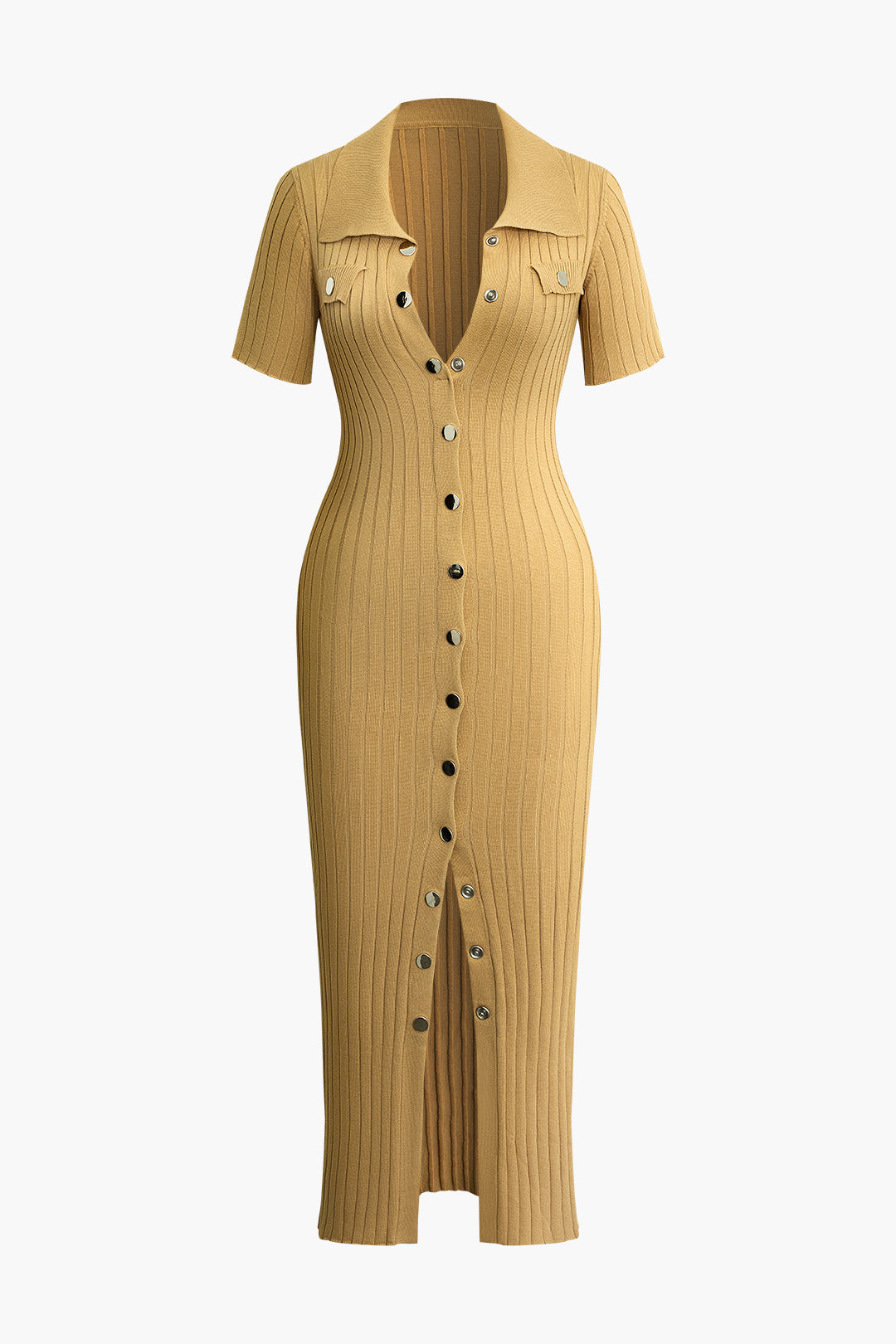 Ribbed Button Collared Knit Midi Dress