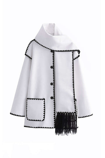 Contrast Trim Wool-blend Coat With Tassel Scarf