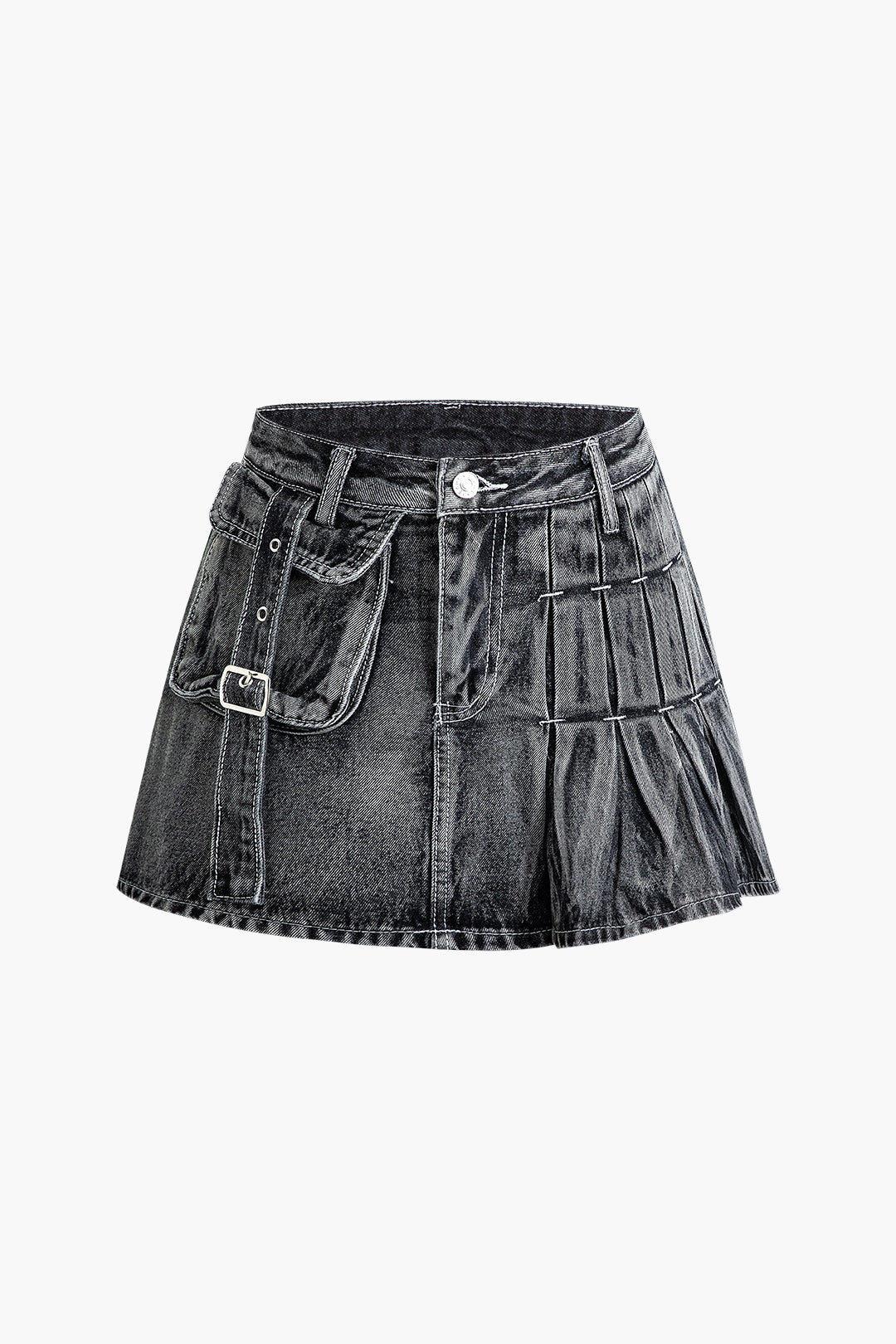 Flap Pocket Pleated Cargo Denim Mini Skirt