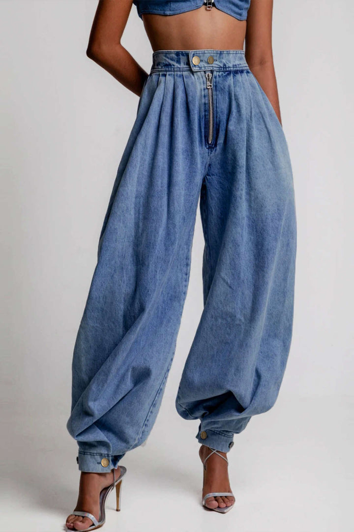 Denim High Waist Zipper Barrel Balloon Jeans