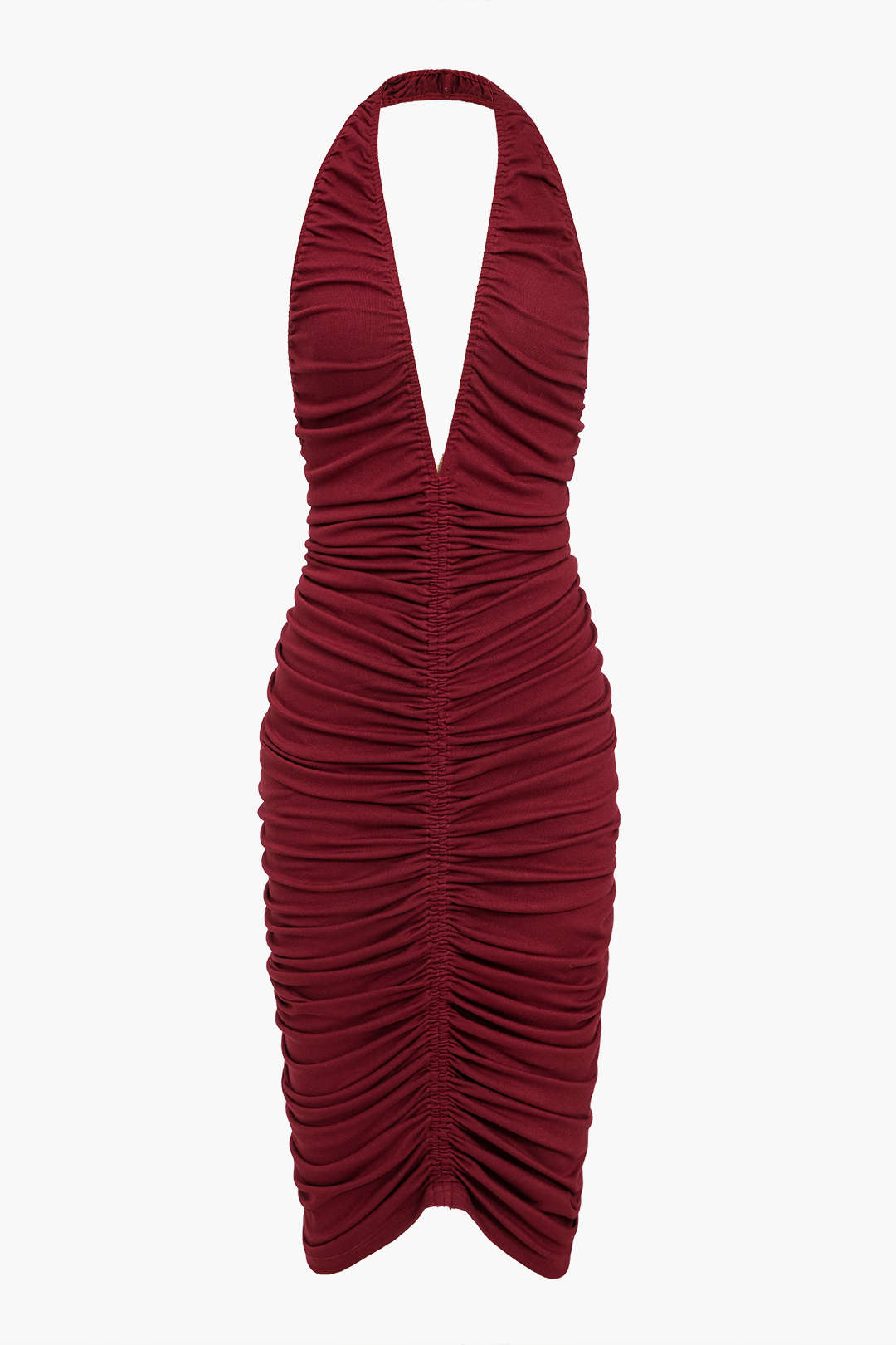 Solid Ruched Backless V-neck Midi Dress