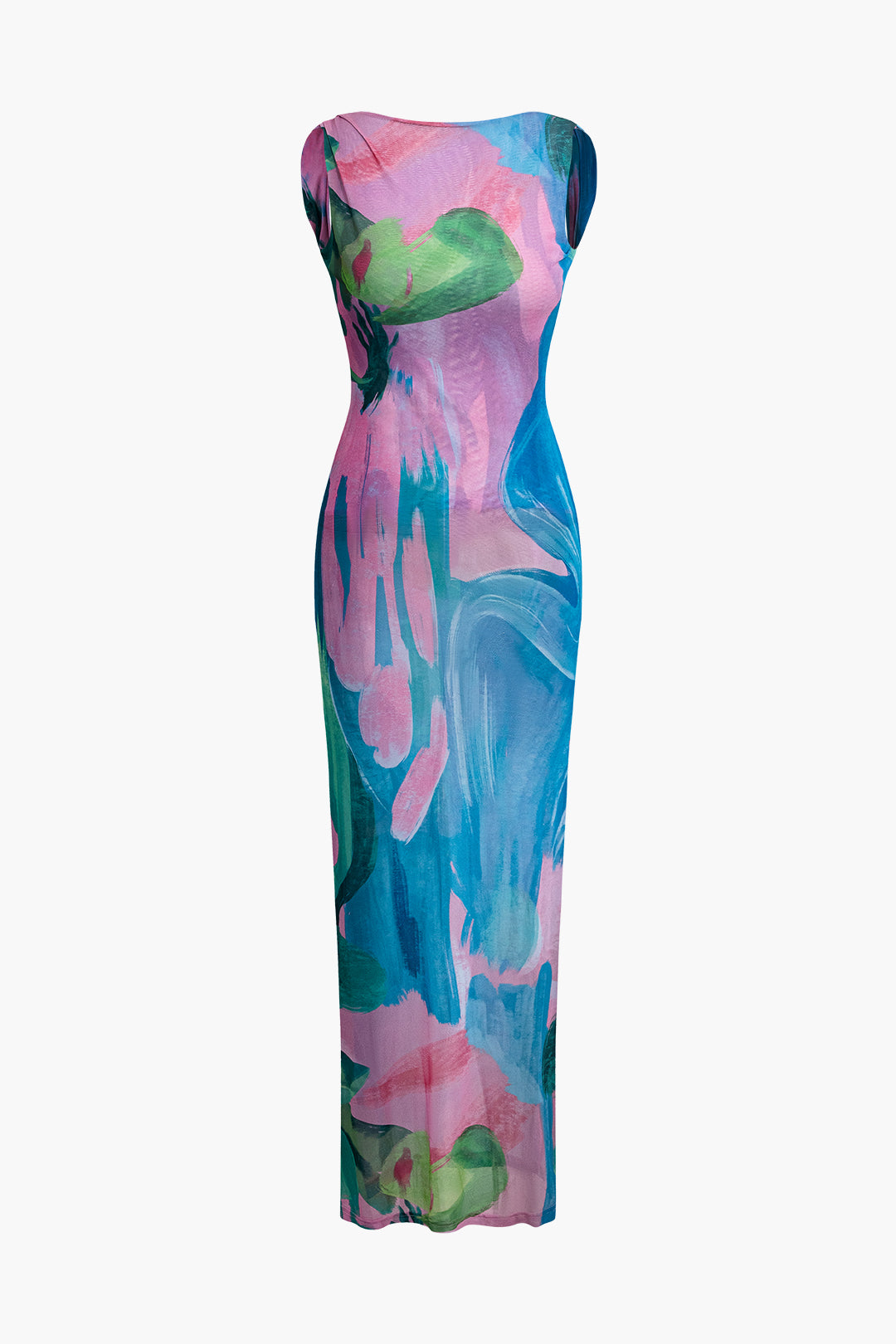 Abstract Floral Print Mesh Sleeveless Backless Maxi Dress