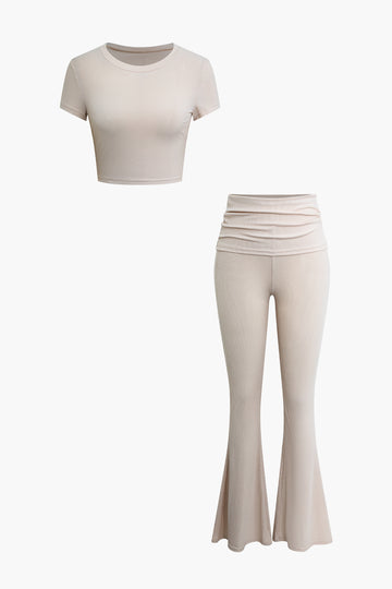 Solid Crop T-shirt And Flare Leg Pants Set