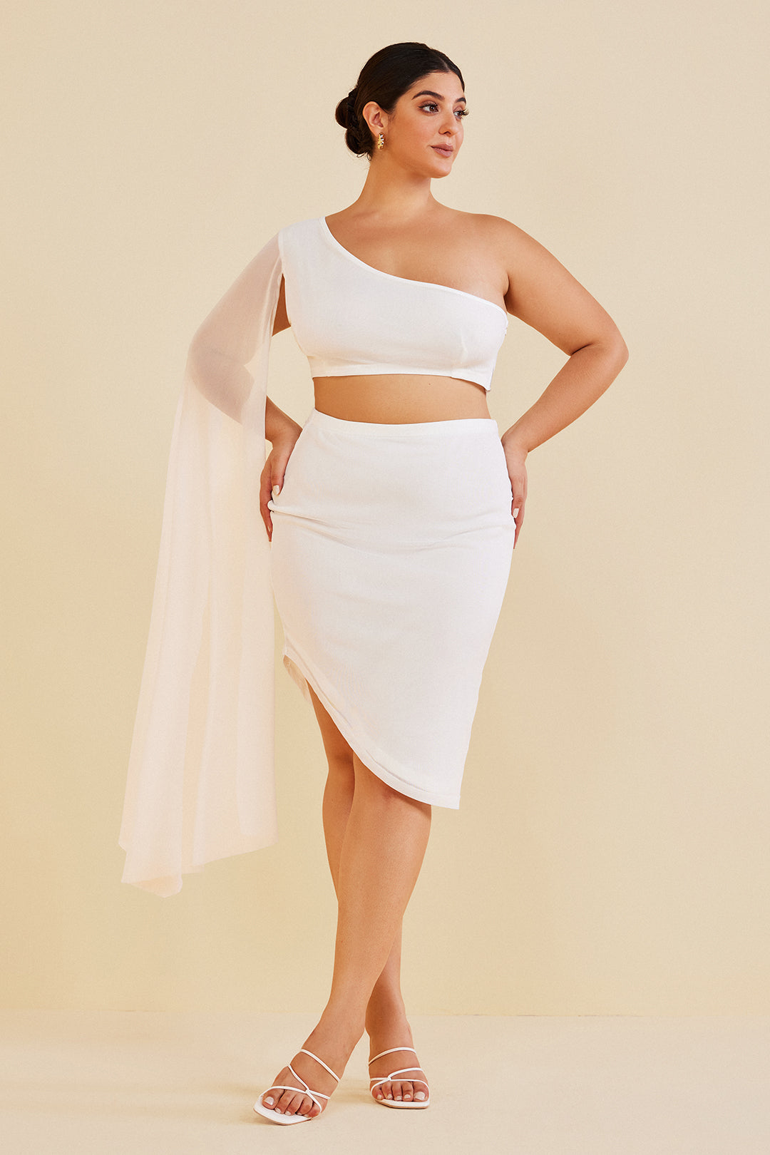Plus Size One Shoulder Crop Top and Skirt Set With Draped Sleeve