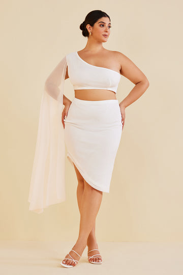 Plus Size One Shoulder Crop Top and Skirt Set With Draped Sleeve