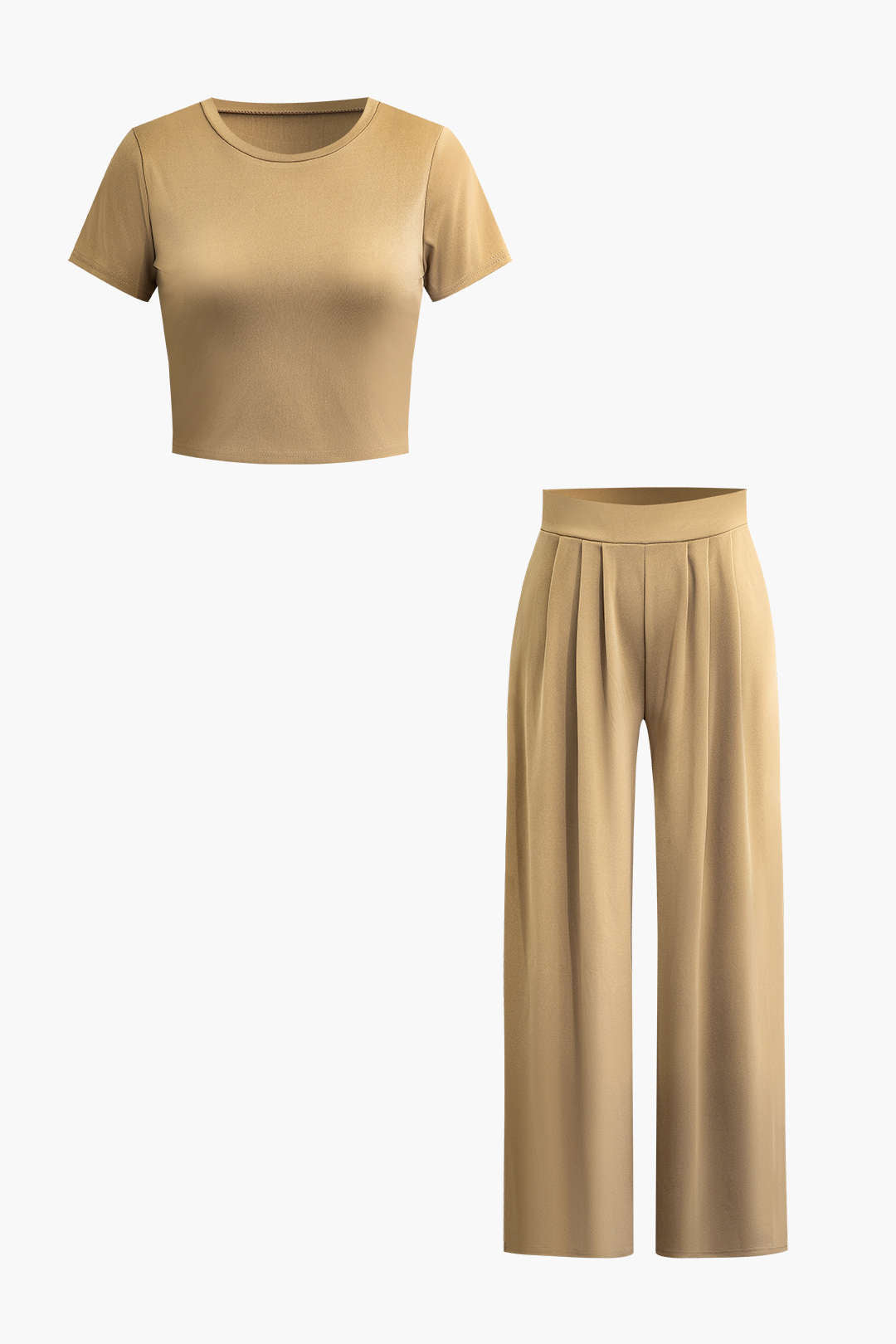 Basic Solid Crop T-shirt And Pleated High Waist Wide Leg Pants Set