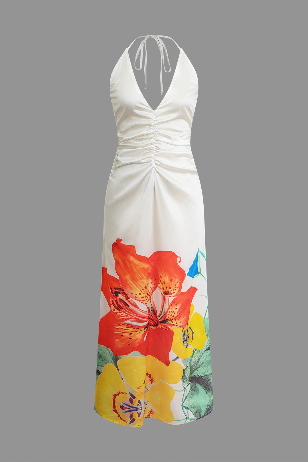 Floral Print Halter Backless V-Neck Maxi Dress