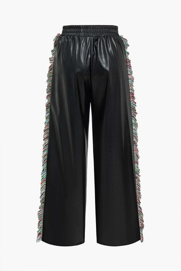 Solid Faux Leather Trousers With Fringe