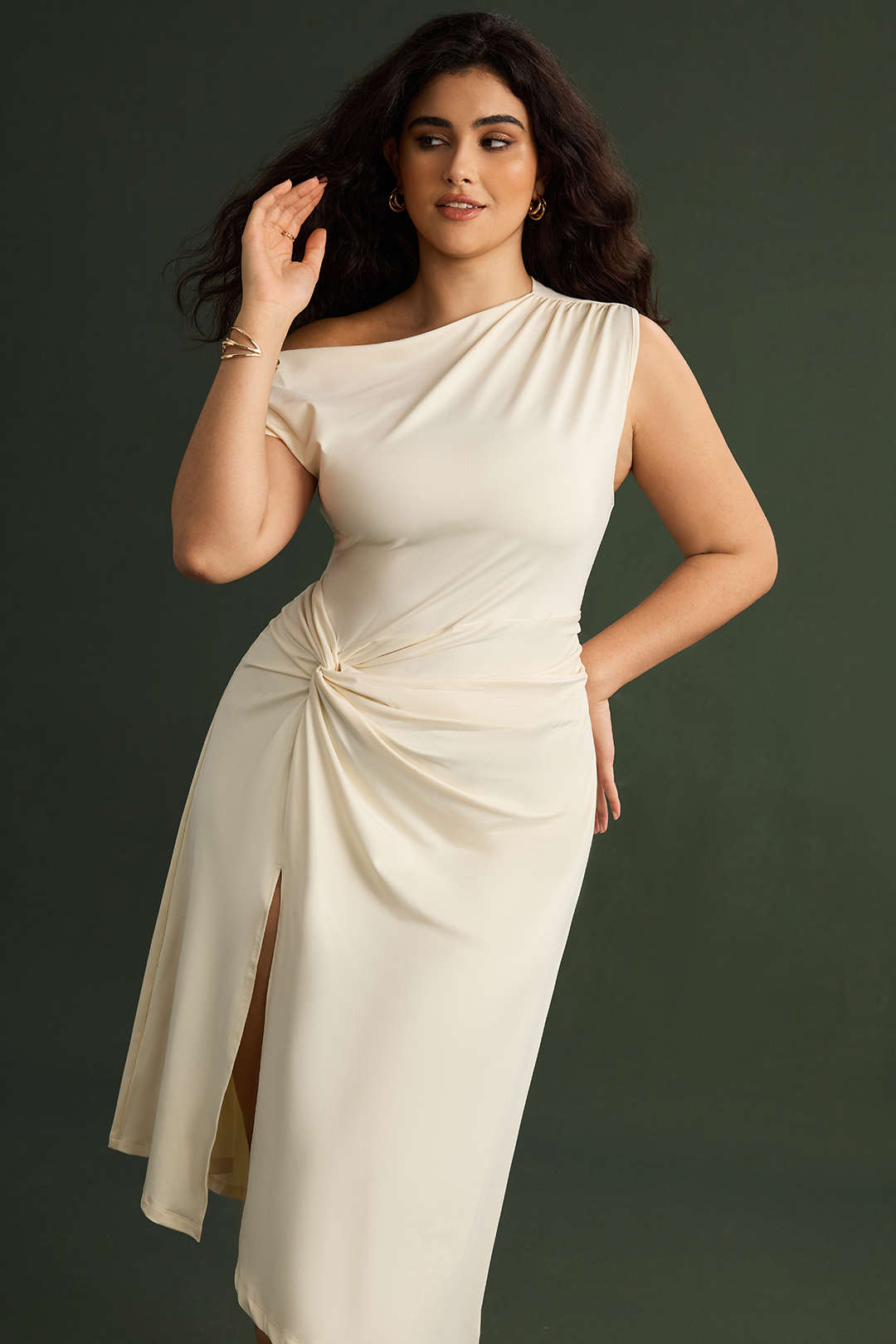 Plus Size Asymmetrical Sleeveless Ruched Midi Dress